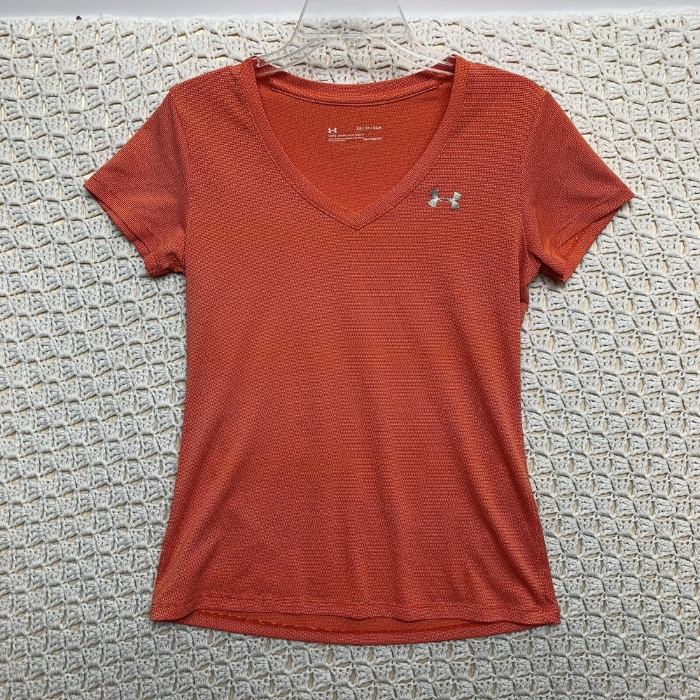 Under Armour Top‎  Tee Shirt Womens XS Orange HeatGear V Neck Loose Short Sleeve